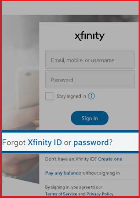 login page of Xfinity